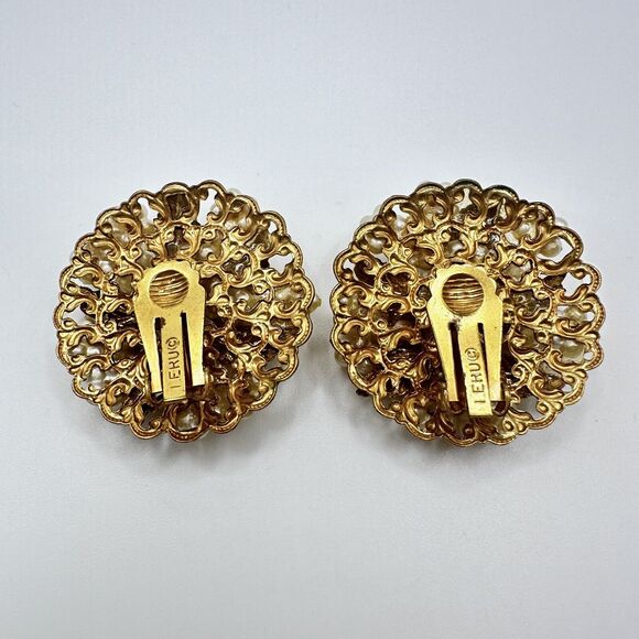 Leru Vintage Crystal Clip On Earrings Cluster Pearl Gold Chunky Signed 1950s - Picture 7 of 11